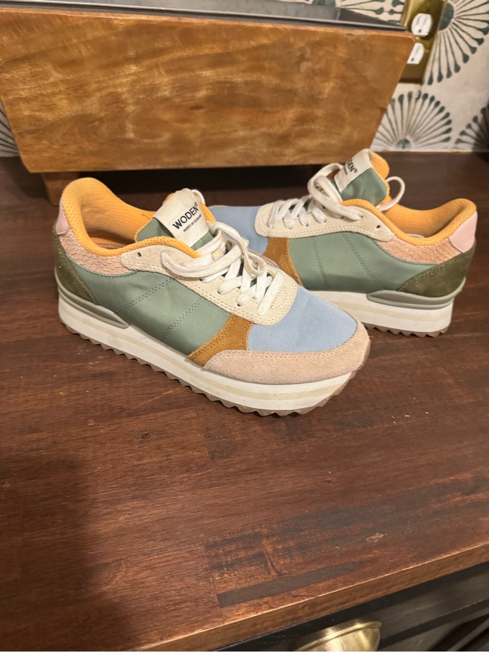 Woden Platform Runner Sneakers in Sage, Light Blue & Mustard
